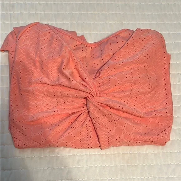 Pink/Peach Flutter Sleeve Tie Front Peplum Blouse Eyelet Material 2X - Picture 8 of 11